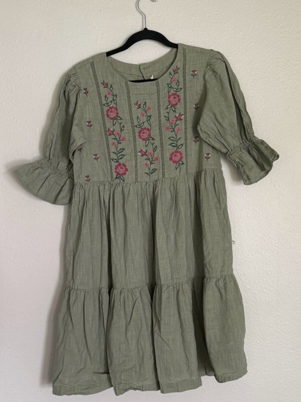 Bombay Paisley Embroidered Cotton Dress M Sage Green Boho Tiered Smock Mini